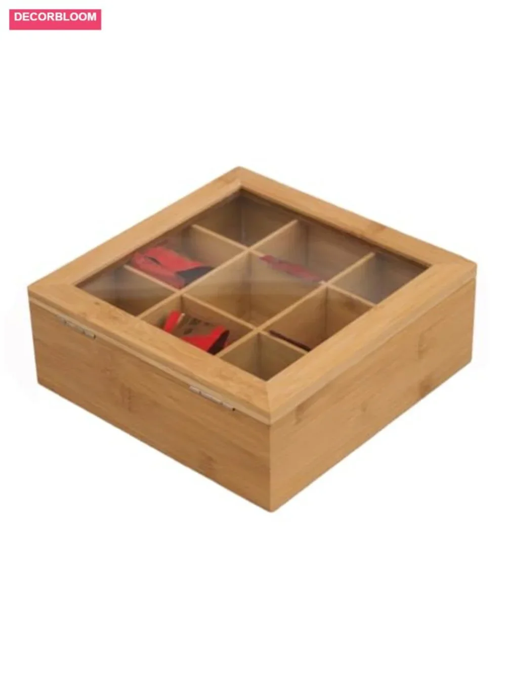 Bamboo Tea Box Organizer with 9 Compartments and Glass Lid for Home Office
